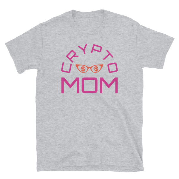 Crypto Mom funny graphic meme t-shirt with the words Crypto Mom in pink font and a pair of orange female glasses containing dollar or $ signs on this light grey cotton short sleeved t-shirt by BillingtonPix