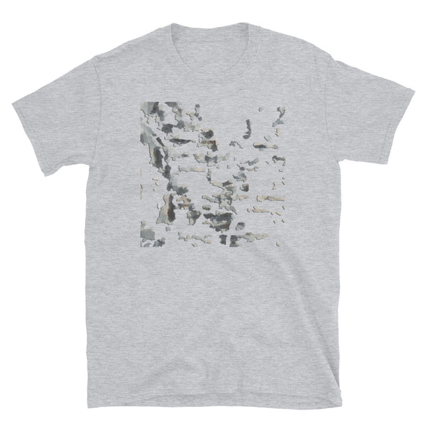 Gritty urban graphic light grey cotton t-shirt with decayed newspaper effect graphic by BillingtonPix
