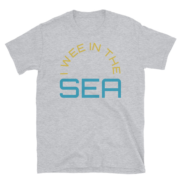 Funny meme slogan t-shirt containing the phrase I Wee in the Sea in yellow and blue font on this light grey t-shirt by BillingtonPix