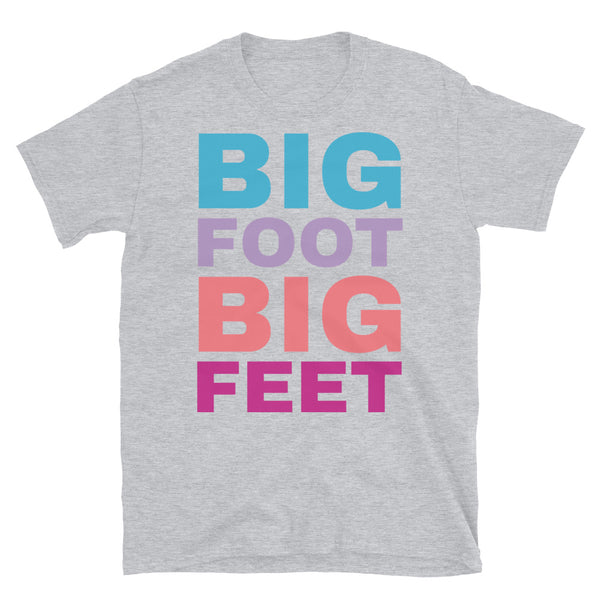 Big foot or Bigfoot Big Feet funny slogan t-shirt in large colourful font on this light grey cotton tee by BillingtonPix