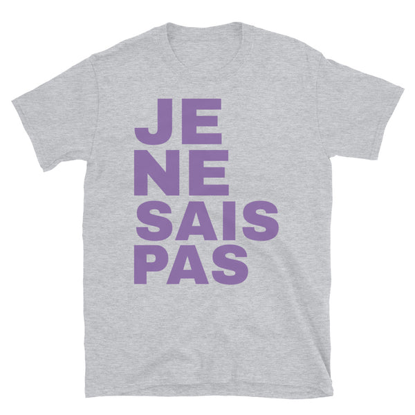Slogan t-shirt with the phrase Je ne sais pas in mauve left aligned block font  on this light grey cotton tee by BillingtonPix