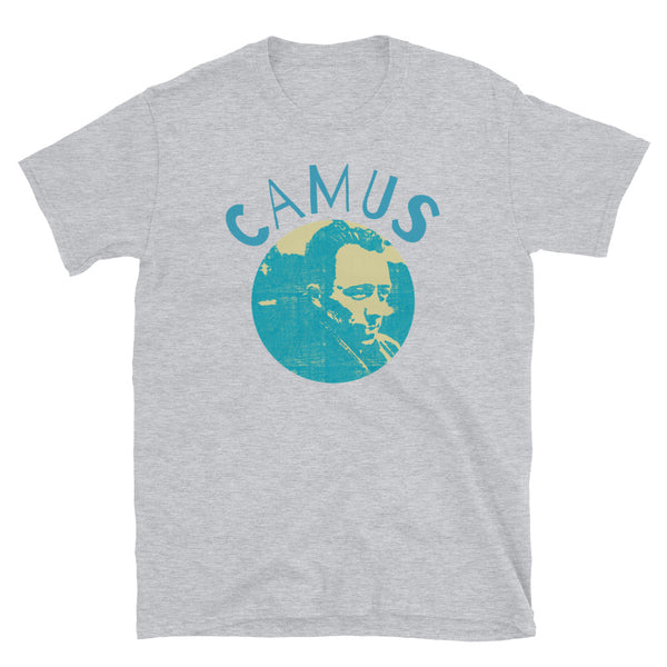 Circular image of Camus in a retro blue faded outline against a cream background with the word Camus wrapped around the top on this light grey cotton t-shirt by BillingtonPix
