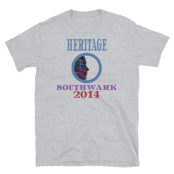 Graphic t-shirt with a patterned profile face in abstract design, tones of blue, green, purple, red, in circular format, with the words Heritage Southwark 2014 in blue, purple and red on this light grey cotton t-shirt by BillingtonPix