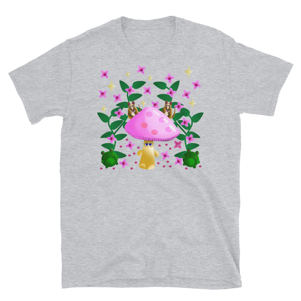 Cottagecore and kawaii style graphic t-shirt design, featuring mushrooms, frogs, field mice, flowers and leaves in a cute design on this light grey cotton t shirt by BillingtonPix