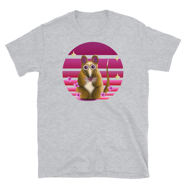 Brown woodland creature like a rat or mouse with large purple eyes stands in front of a pink vintage sunset with flowers and stars on this light grey cotton t-shirt by BillingtonPix