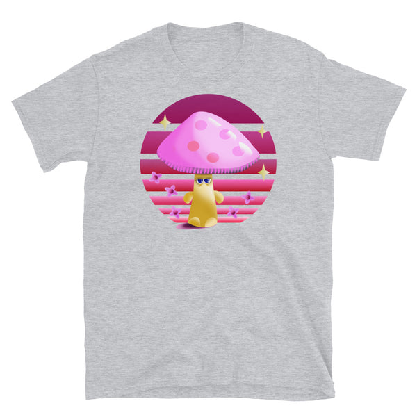 Yellow and pink grumpy mushroom stands in front of a purple vintage sunset with stars and blossom on this sport grey cotton graphic t-shirt by BillingtonPix
