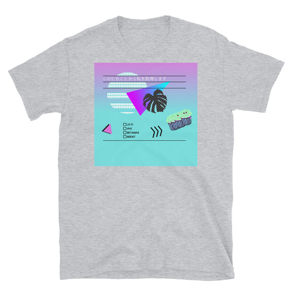 80s / 90s Vaporwave style design in a nod to the old video cassette cases with Japanese script which translates as Get Me Out of This Script. Mildly political message around Brexit and the global pandemic. Abstract vintage sunset and monstera leaf and grumpy cupcakes symbolising the sunlit uplands of Brexit. A tick box list of Lo-Fi, VHS, Betamax or Brexit signals the choices we are left with. Design sits against a gradient of turquoise blue and pink. Sport grey t-shirt by BillingtonPix