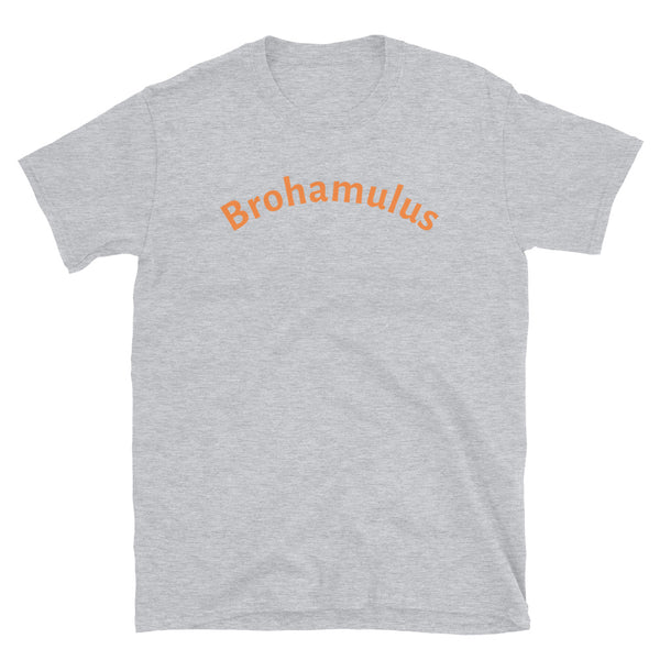 Funny slogan t-shirt with the word Brohamulus in orange font on this sport grey cotton tee by BillingtonPix