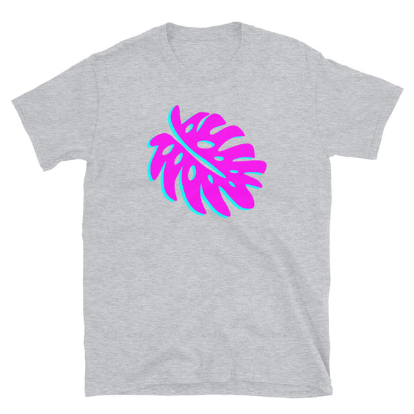 Vaporwave retrowave monstera leaf cheese plant leaf in pink and blue with 90s style glitch on this retro design soft grey t-shirt by BillingtonPix