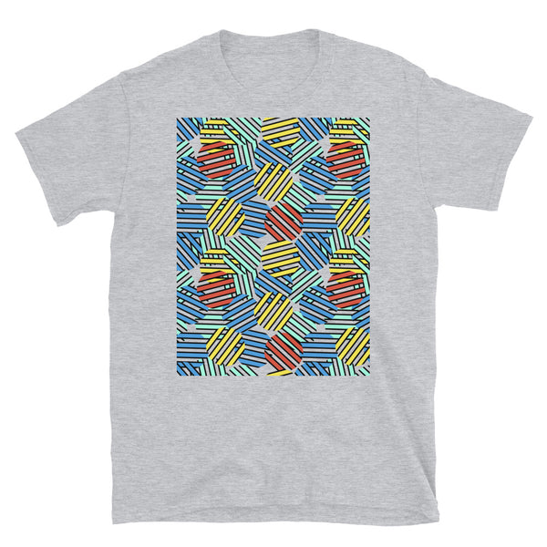 Colourful 80s Memphis design graphic t-shirt consisting of circular pattern overlays in red, yellow, orange and blue on this sport grey tee by BillingtonPix