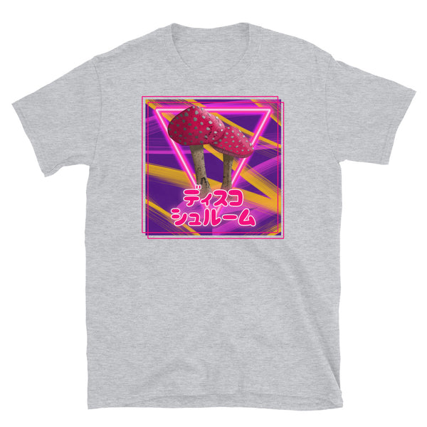Disco Shroom t-shirt with a neonwave style design, neon lighting, stripes and vibe in tones of pink, red and yellow. Shows two mushrooms in the centre in front of a neon triangle and the Japanese words ディスコ シュルーム meaning Disco Shroom on this sport grey cotton t-shirt by BillingtonPix