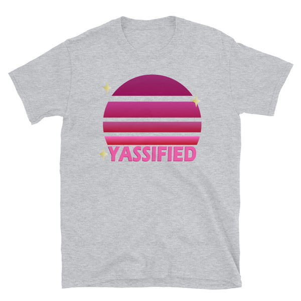 Pink vintage sunset with stars and the word Yassified on this sport grey cotton t-shirt by BillingtonPix