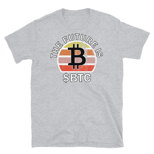 Crypto coin currency t-shirt with $BTC Bitcoin ticker symbol on this sport grey cotton shirt by BillingtonPix