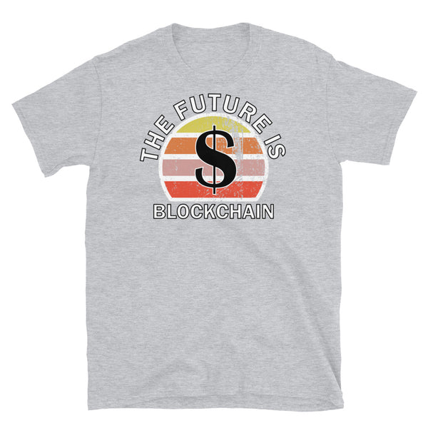 Cryptocurrency theme t-shirt with Blockchain and the USD ticker symbol on this sport grey cotton shirt by BillingtonPix