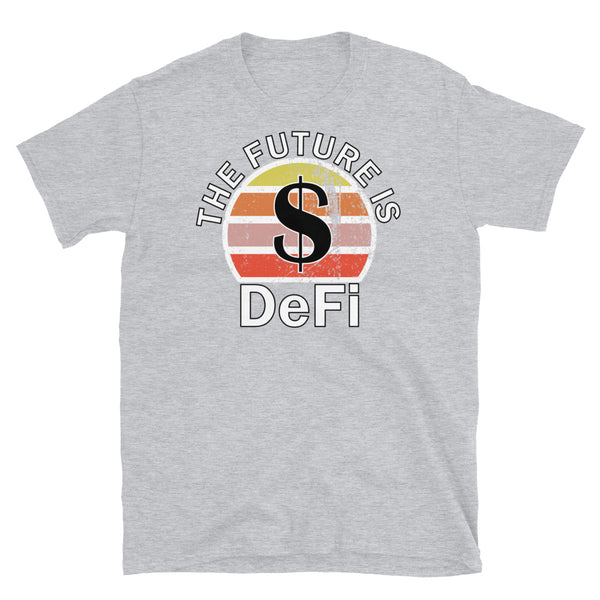 Cryptocurrency theme t-shirt with DeFi (Decentralised Finance) and the USD ticker symbol on this sport grey cotton shirt by BillingtonPix