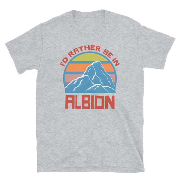Albion Idaho vintage sunset mountain ski themed retro design t-shirt in orange, blue, yellow and pink on this sport grey tee by BillingtonPix
