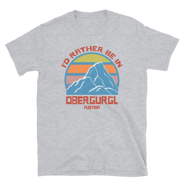 Obergurgl Austria vintage sunset mountain ski and snowboarding themed retro design t-shirt in orange, blue, yellow and pink on this sport grey tee by BillingtonPix