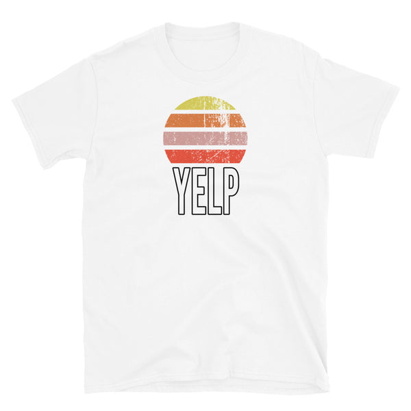 Retro vintage style sunset graphic in yellow, orange, pink and scarlet with the slogan word YELP in block caps below on this white cotton t-shirt by BillingtonPix