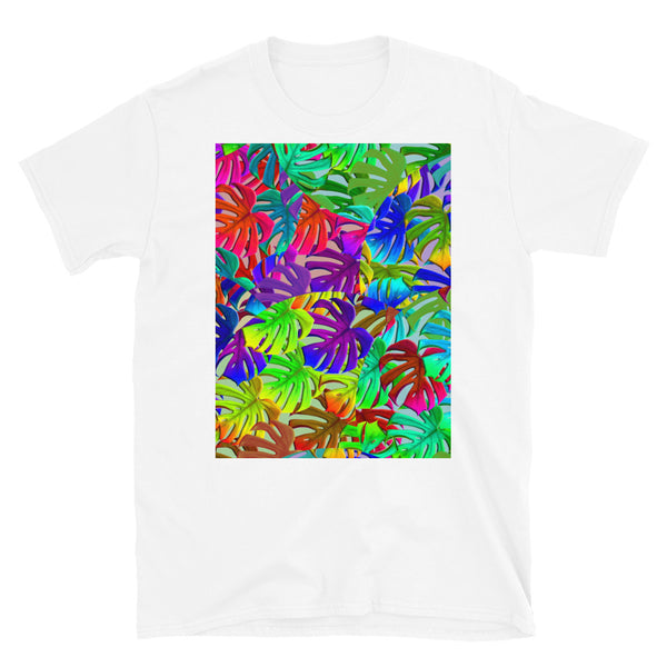Rainbow colored pattern of circular overlays containing different tones of monstera leaves. Bright, bold and fun and teeming with 80s Memphis style influence. This t-shirt is perfect for the summer and for adding a splash of color to your day.
