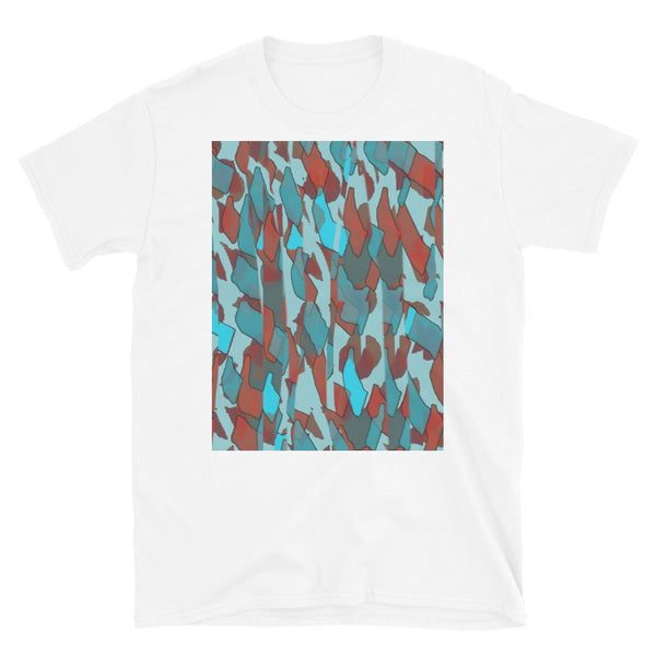 Turquoise and orange patterned abstract contemporary retro design checked t-shirt, entitled Turquoise Fragments, from our Sunset Glitter collection