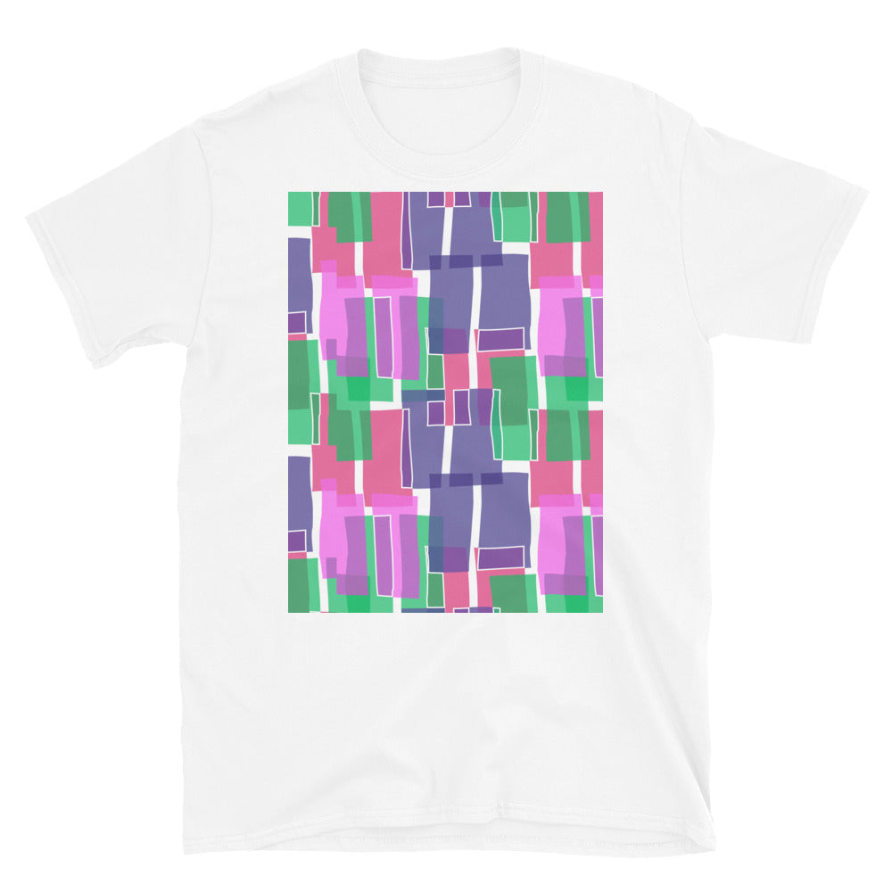 Gemustertes Kurzarm-Unisex-T-Shirt | Indigo 60er-Jahre-Stil | Mid Century Geometrisch