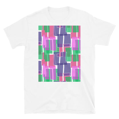 Gemustertes Kurzarm-Unisex-T-Shirt | Indigo 60er-Jahre-Stil | Mid Century Geometrisch