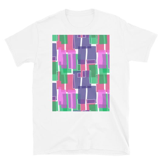 Gemustertes Kurzarm-Unisex-T-Shirt | Indigo 60er-Jahre-Stil | Mid Century Geometrisch