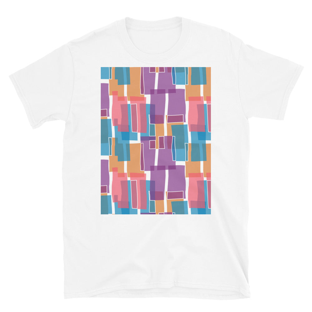 Gemustertes Kurzarm-Unisex-T-Shirt | Lila 60er-Jahre-Stil | Mid Century Geometrisch