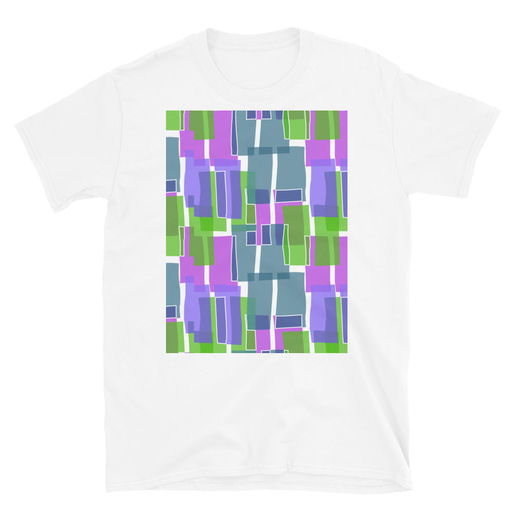 Gemustertes Kurzarm-Unisex-T-Shirt | Blaugrüner 60er-Jahre-Stil | Mid Century Geometrisch