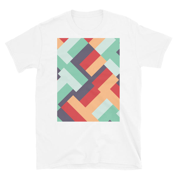 Diagonal shaped mid-century modern retro pattern in summertime tones such as eggplant, peach, scarlet, mint and teal white t-shirt