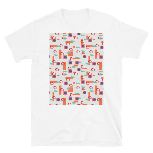 Colorful orange, turquoise, red and purple geometric abstract shapes on a cream background on this Alexander Girard inspired t-shirt