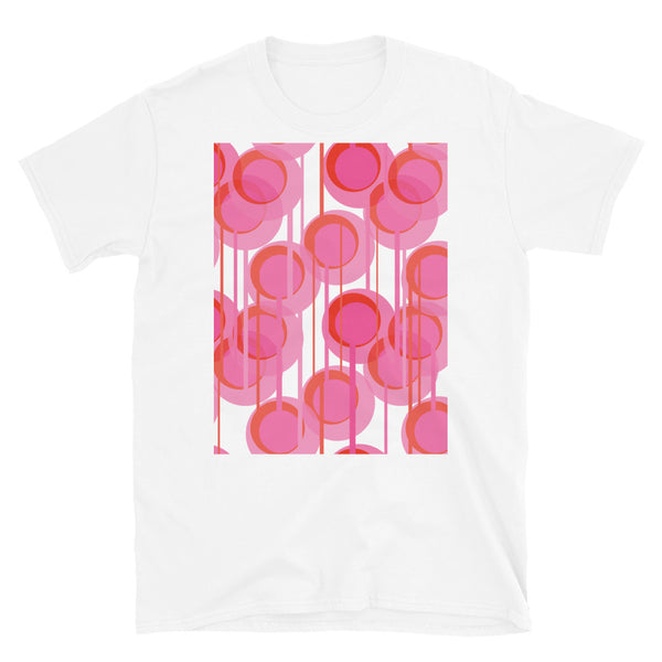This Mid-Century Modern style shirt consists of colorful geometric circular shapes in various tones of pink, connected vertically by narrow tentacles to form and almost hanging mobile type abstract circular pattern on a white background