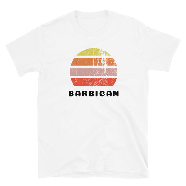 Vintage retro sunset in yellow, orange, pink and scarlet with the name Barbican beneath on this white t-shirt