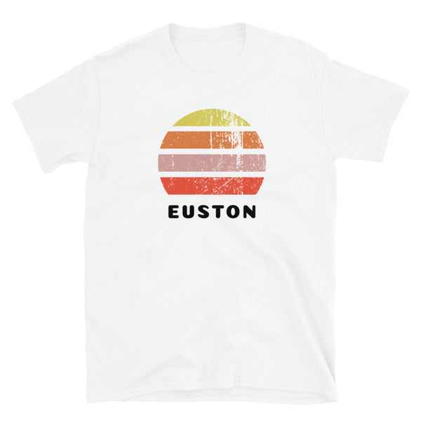 Vintage retro sunset in yellow, orange, pink and scarlet with the name Euston beneath on this white t-shirt