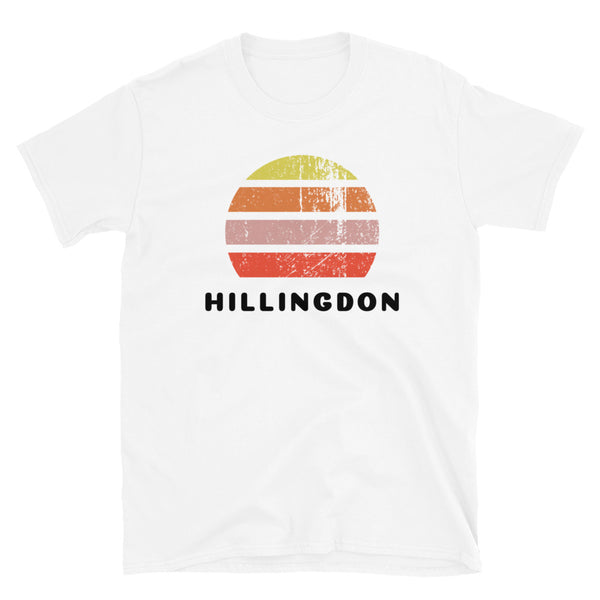 Vintage retro sunset in yellow, orange, pink and scarlet with the name Hillingdon beneath on this white t-shirt
