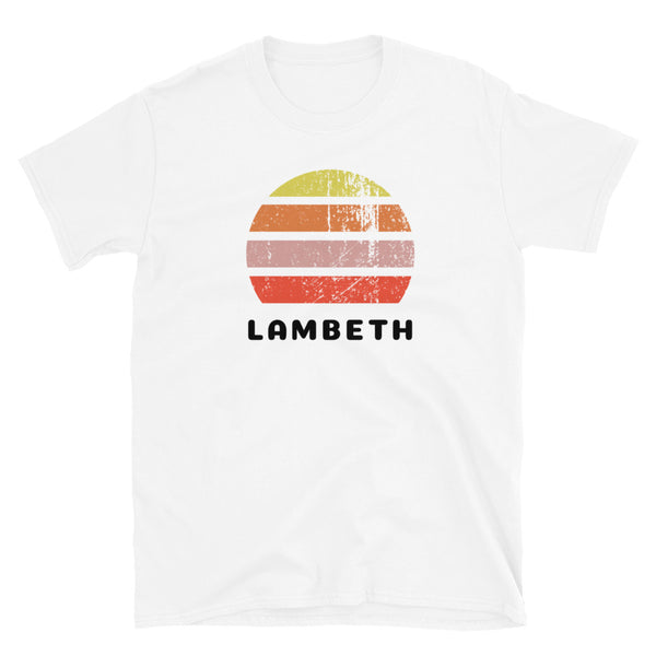 Vintage retro sunset in yellow, orange, pink and scarlet with the name Lambeth beneath on this white t-shirt