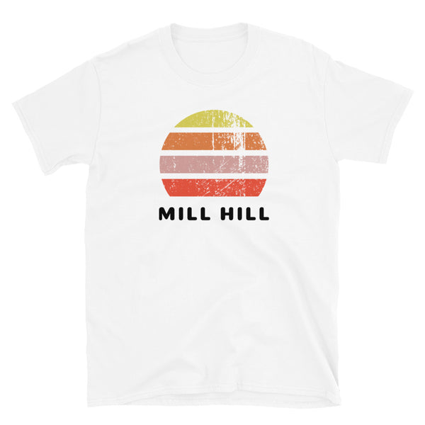 Vintage distressed style retro sunset in yellow, orange, pink and scarlet with the name Mill Hill beneath on this white t-shirt