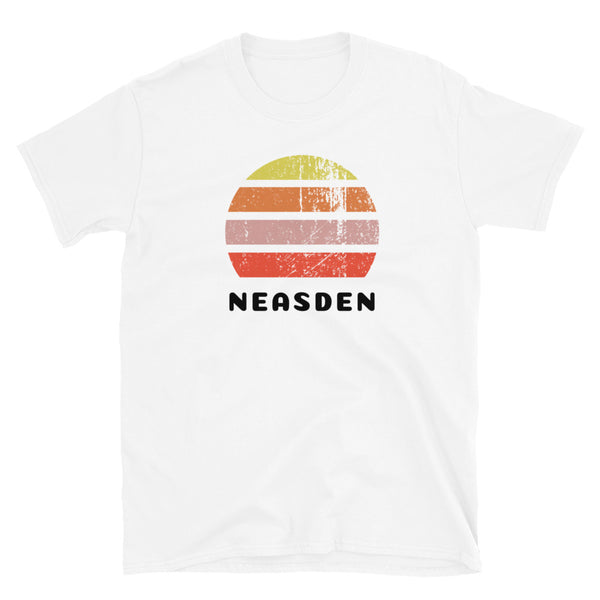 Vintage distressed style abstract retro sunset in yellow, orange, pink and scarlet with the name Neasden beneath on this white t-shirt