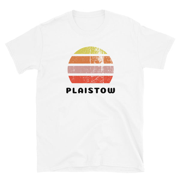 Vintage distressed style abstract retro sunset in yellow, orange, pink and scarlet with the name Plaistow beneath on this white t-shirt