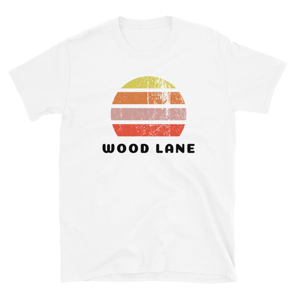 Vintage distressed style abstract retro sunset in yellow, orange, pink and scarlet with the London name Wood Lane beneath on this white vintage sunset t-shirt