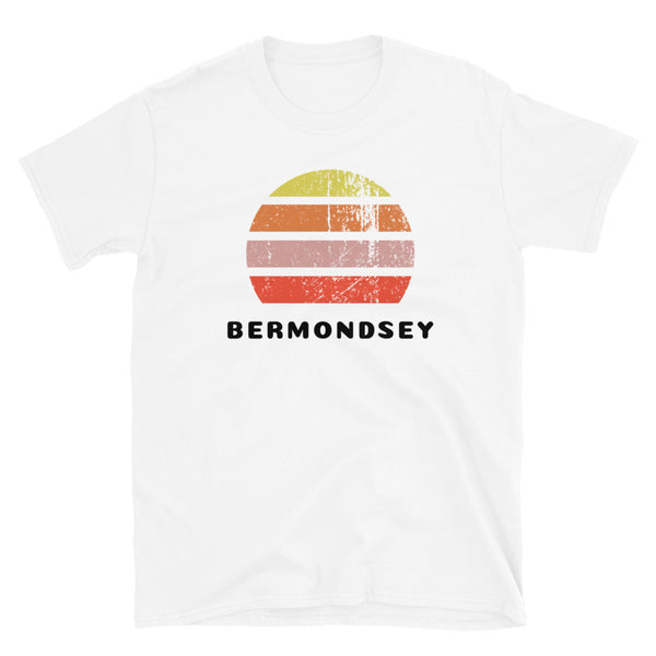 Vintage distressed style abstract retro sunset in yellow, orange, pink and scarlet with the London place name Bermondsey beneath on this white vintage sunset t-shirt