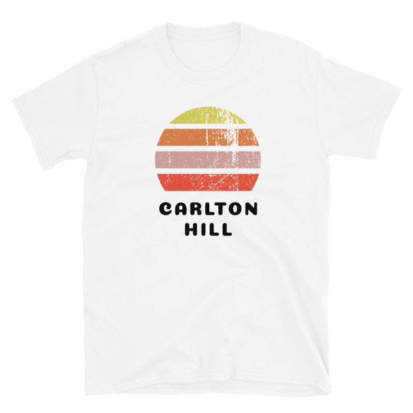 Distressed style abstract retro sunset graphic in yellow, orange, pink and scarlet stripes rising up from the famous Brighton place name of Carlton Hill on this white cotton t-shirt