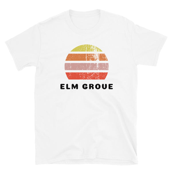 Distressed style abstract retro sunset graphic in yellow, orange, pink and scarlet stripes rising up from the famous Brighton place name of Elm Grove on this white cotton t-shirt