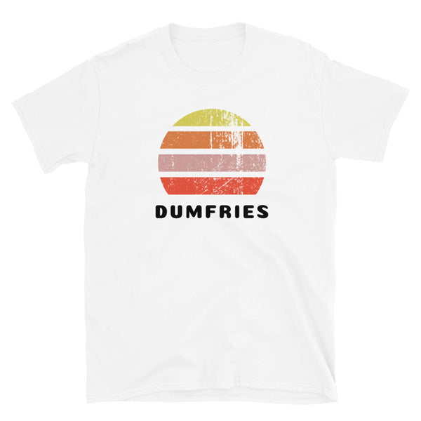 Distressed style abstract retro sunset graphic in yellow, orange, pink and scarlet stripes rising up from the famous Scottish place name of Dumfries on this white cotton t-shirt
