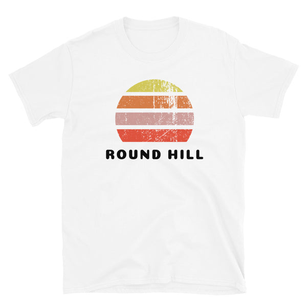 Distressed style abstract retro sunset graphic in yellow, orange, pink and scarlet stripes above the famous Brighton place name of Round Hill on this white cotton t-shirt