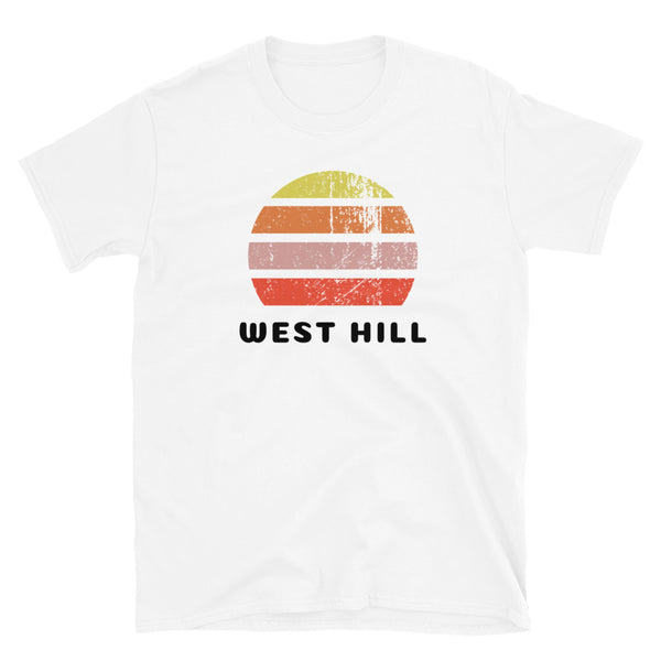 Distressed style abstract retro sunset graphic in yellow, orange, pink and scarlet stripes above the famous Brighton place name of West Hill on this white cotton t-shirt