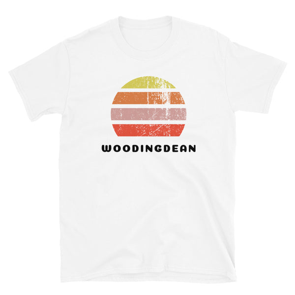 Abstract retro sunset graphic in distressed style yellow, orange, pink and scarlet stripes above the famous Brighton place name of Woodingdean on this white cotton t-shirt