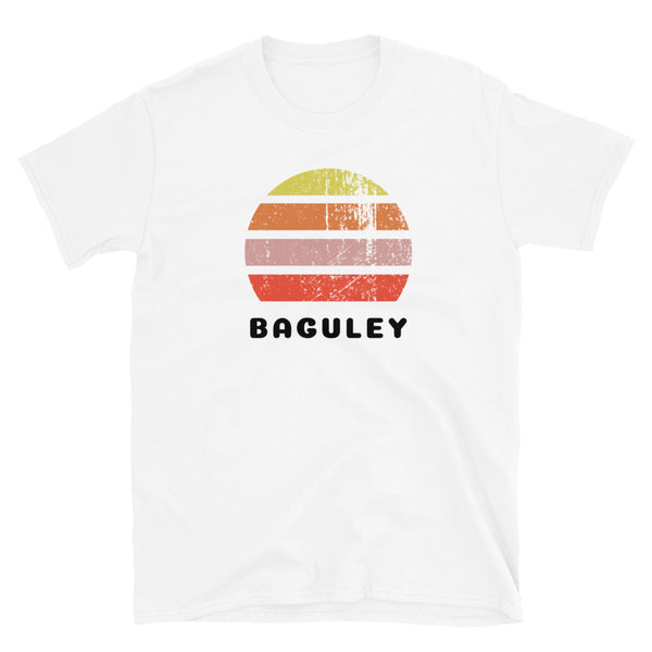 Distressed style abstract retro sunset graphic in yellow, orange, pink and scarlet stripes above the famous Manchester place name of Baguley on this white cotton t-shirt