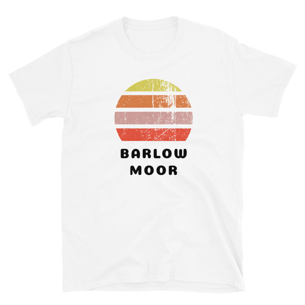 Distressed style abstract retro sunset graphic in yellow, orange, pink and scarlet stripes above the famous Manchester place name of Barlow Moor on this white cotton t-shirt