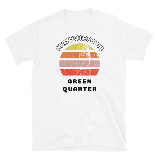 Distressed style abstract retro sunset graphic in yellow, orange, pink and scarlet stripes. The name of Manchester is displayed at the top wrapped around the sunset. Below the retro sunset design is the famous Manchester place name of Green Quarter on this white cotton t-shirt. 